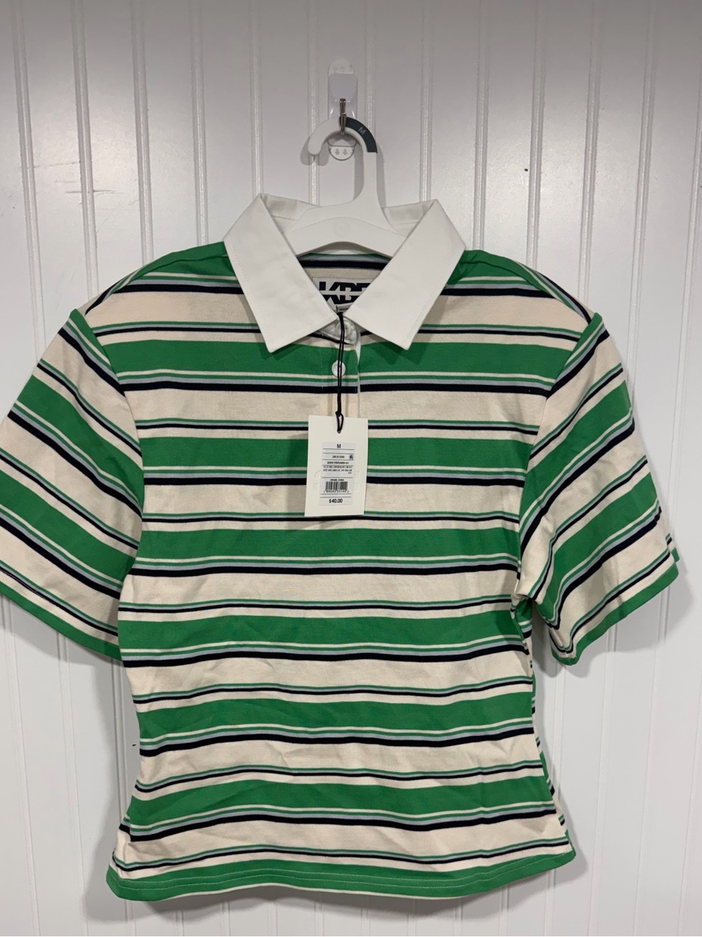 Green & White Striped Polo Shirt with Contrast Collar